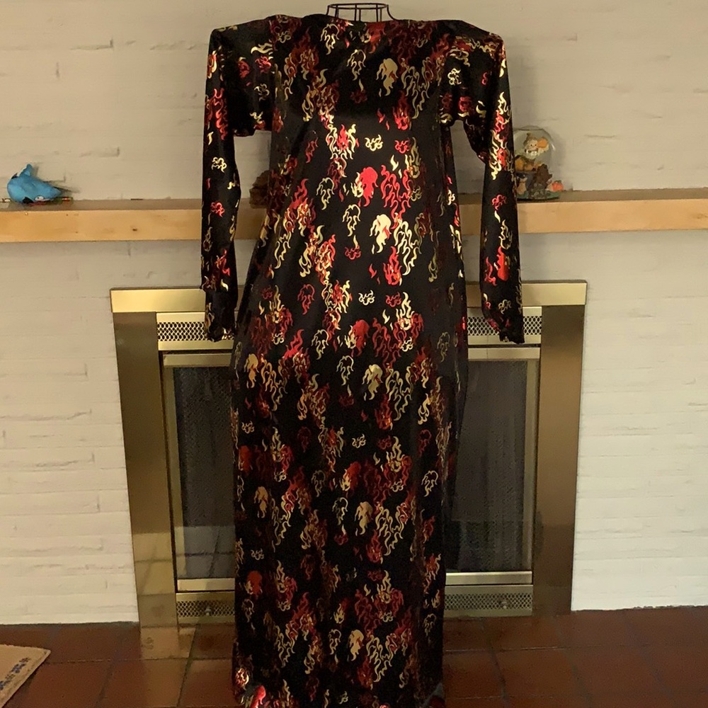 Slinky black red and gold dress, and accessories. Like new.